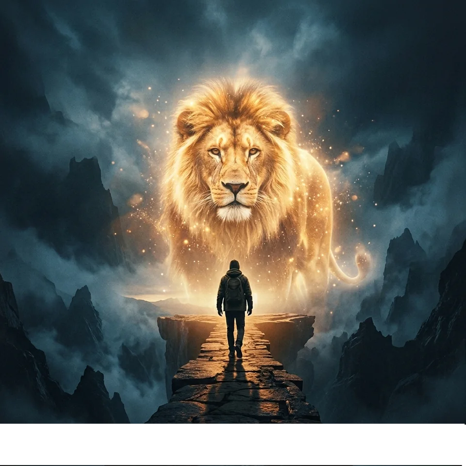 Courage cover art featuring a glowing lion above a lone figure