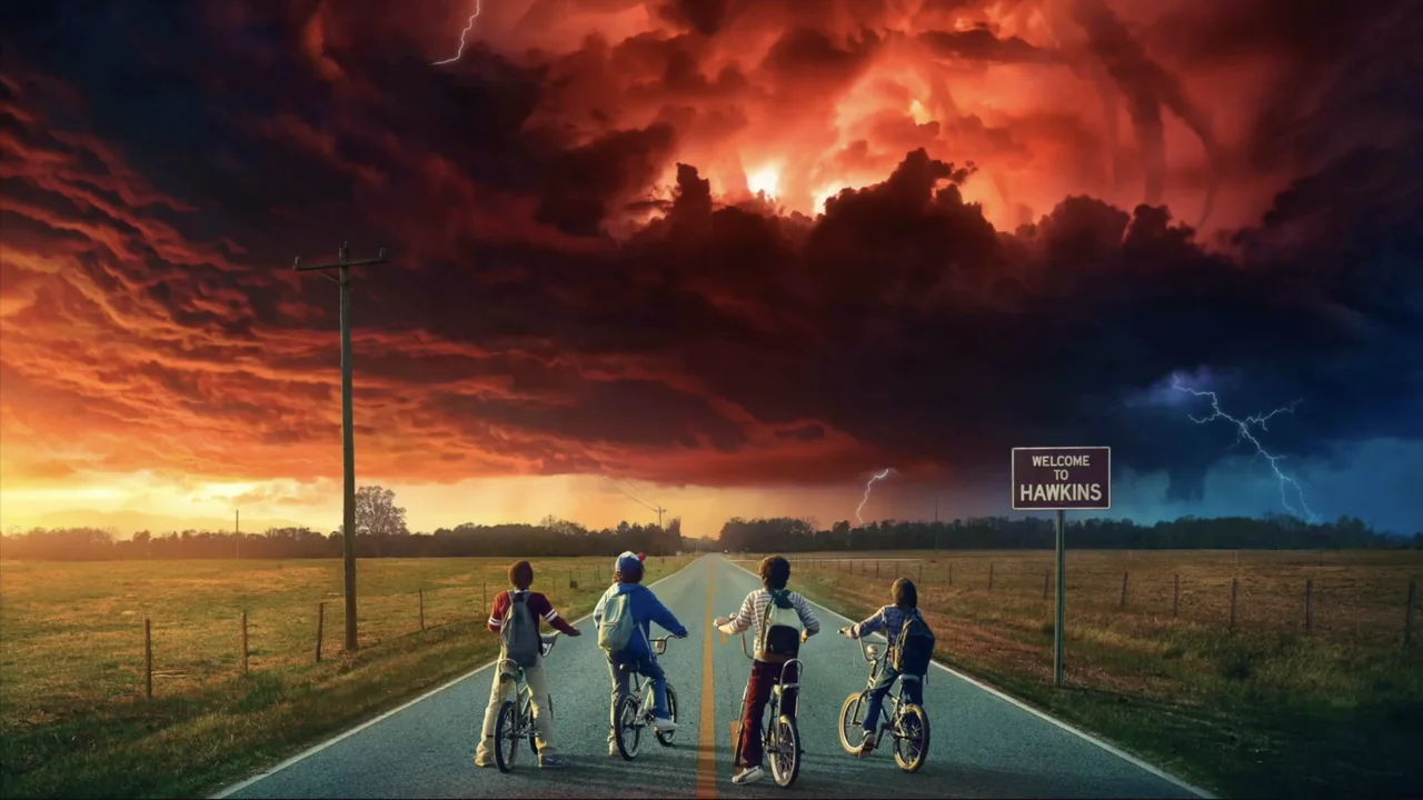 Storm clouds over Hawkins as four riders face the road ahead